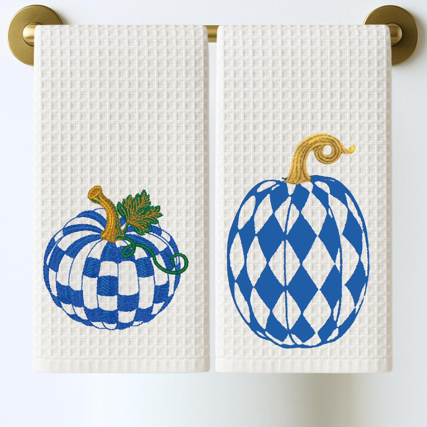 Personalized Emerald Green and White Checkered Pumpkin Tea Towel Set: Waffle Weave Fall Kitchen Decor