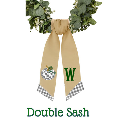 Embroidered Sterling Gray Check Pumpkin Wreath Sash: Fall Door Hanger
