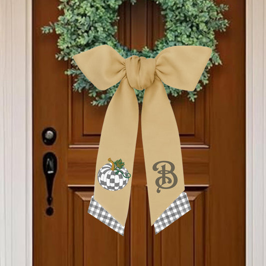 Embroidered Sterling Gray Check Pumpkin Wreath Sash: Fall Door Hanger