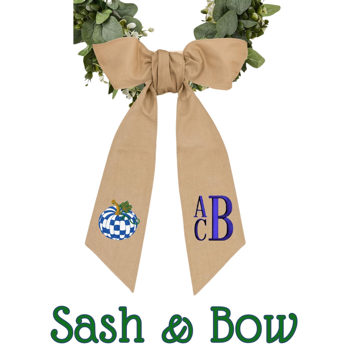 Embroidered Pumpkin Wreath Sash: Royal blue and White Check Monogrammed Door Hanger