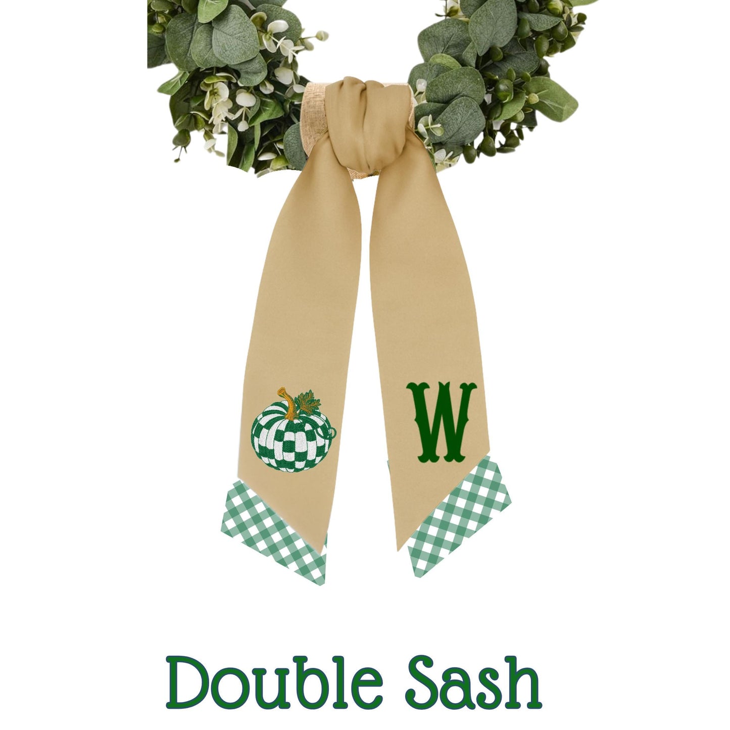 Embroidered Pumpkin Wreath Sash: Emerald Green and White Check, Monogrammed Door Hanger