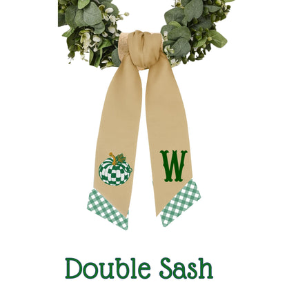 Embroidered Pumpkin Wreath Sash: Emerald Green and White Check, Monogrammed Door Hanger