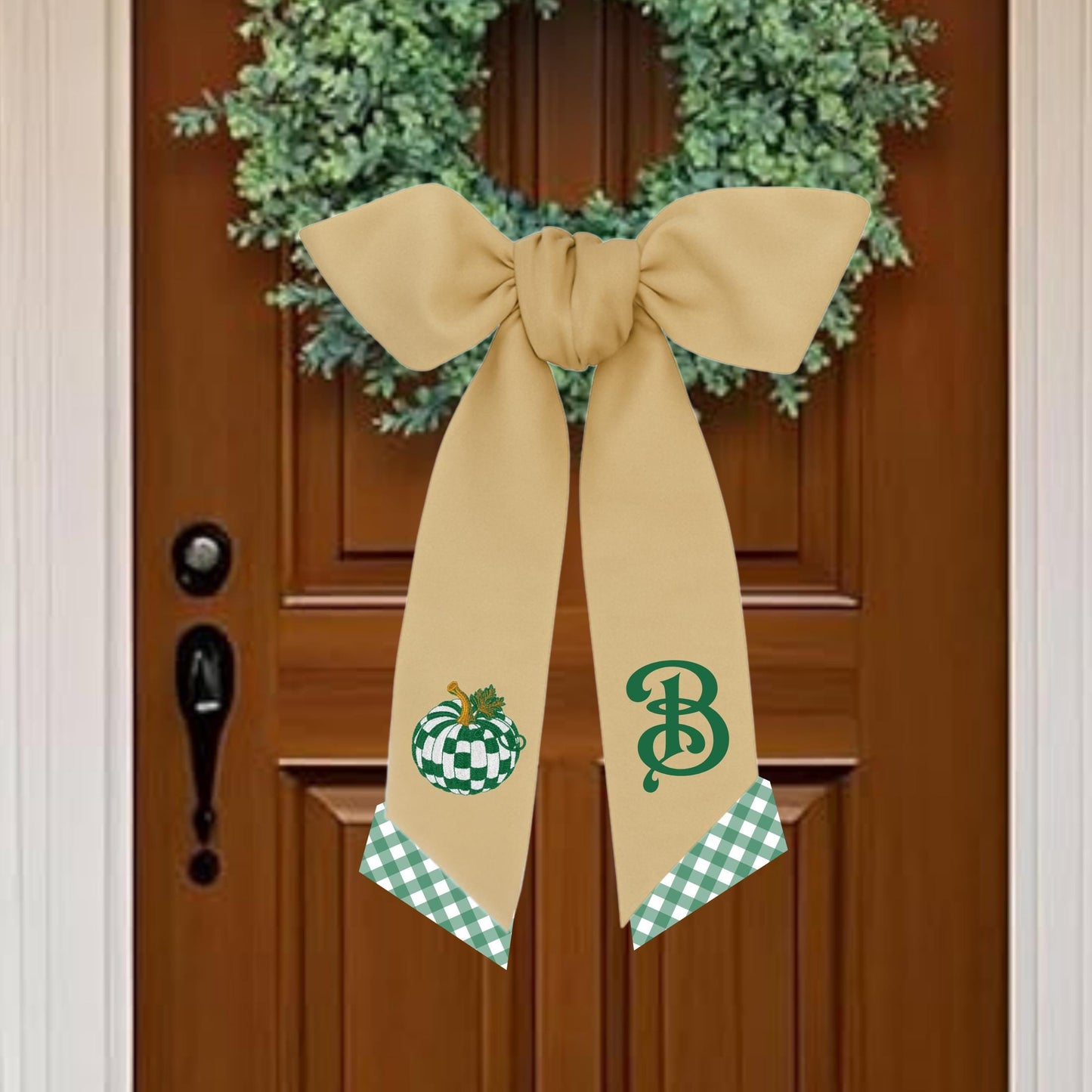 Embroidered Pumpkin Wreath Sash: Emerald Green and White Check, Monogrammed Door Hanger