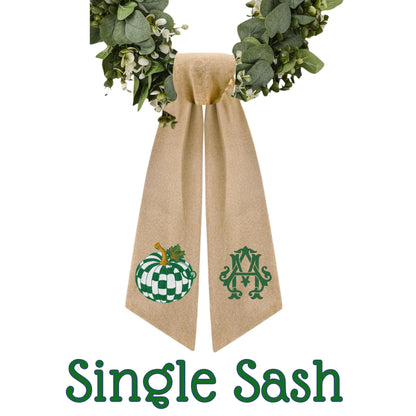 Embroidered Pumpkin Wreath Sash: Emerald Green and White Check, Monogrammed Door Hanger