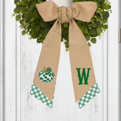 Embroidered Pumpkin Wreath Sash: Emerald Green and White Check, Monogrammed Door Hanger
