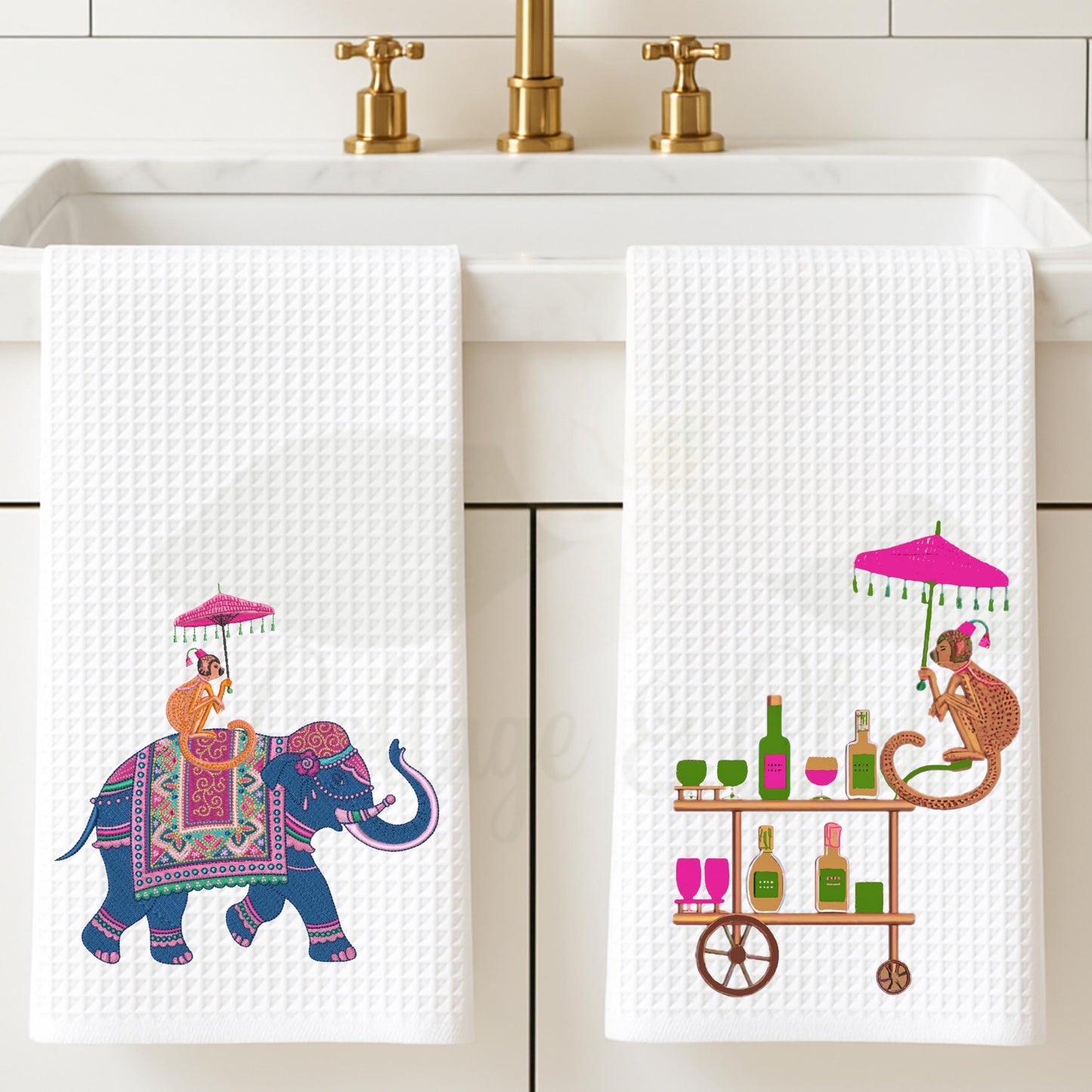 Palm Beach Animal Party Tea Towels: Preppy Monogram Waffle Weave - Lotus Theme Piper No!