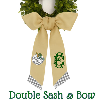 Embroidered Sterling Check Fall Wreath Sash - Gray and White Check Porch Decor - Monogrammed Personalized Decor For Porch and Door