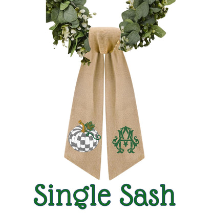 Embroidered Sterling Check Fall Wreath Sash - Gray and White Check Porch Decor - Monogrammed Personalized Decor For Porch and Door