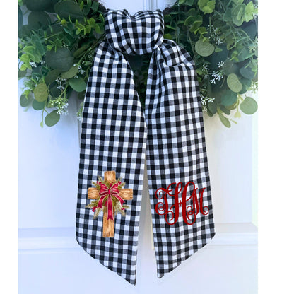 Embroidered Christmas Farmhouse Wreath Sash: Holiday Door Hanger