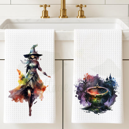 Watercolor Witch Tea Towel Personalized Kitchen Decor, Halloween Pumpkin Accent