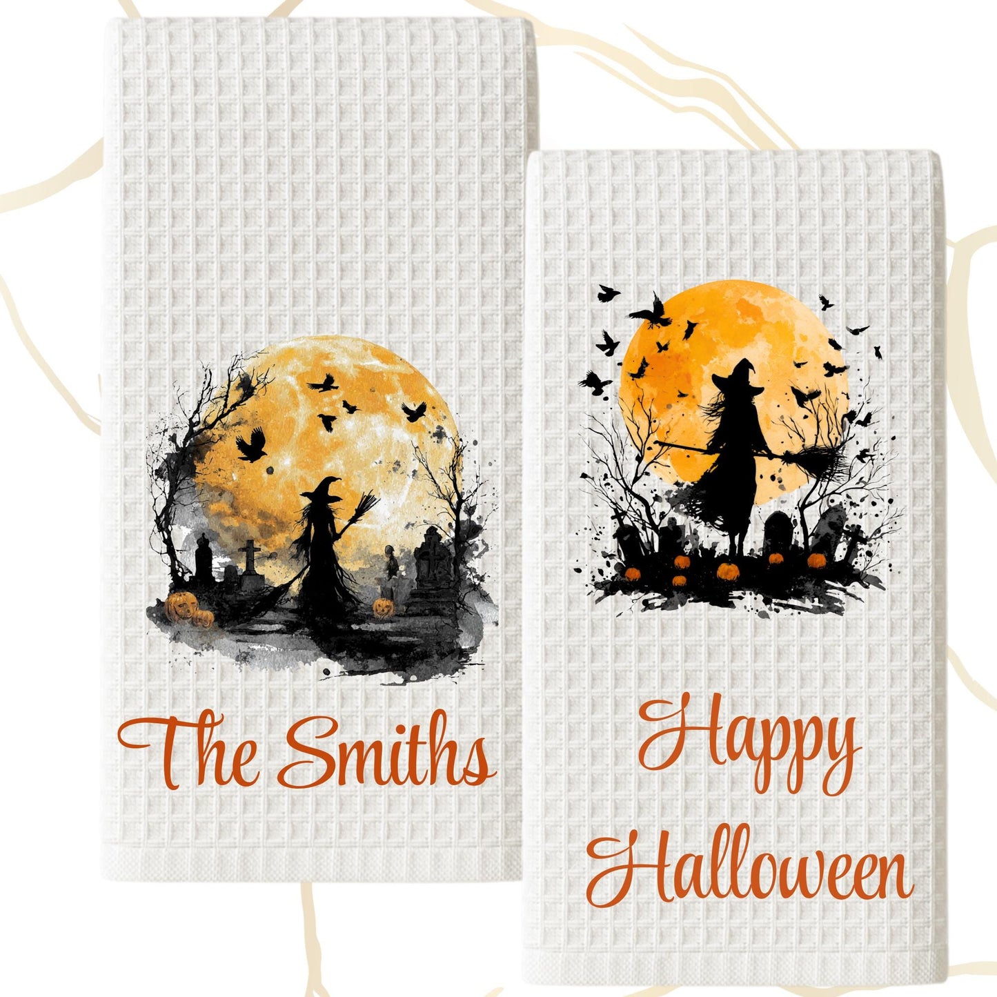 Watercolor Witch Tea Towel Personalized Kitchen Decor, Halloween Pumpkin Accent