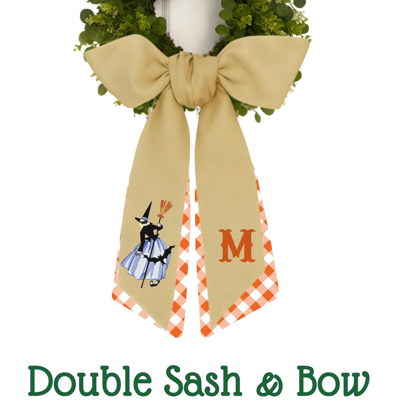 Embroidered Witch Halloween Wreath Sash: Fall Door Hanger
