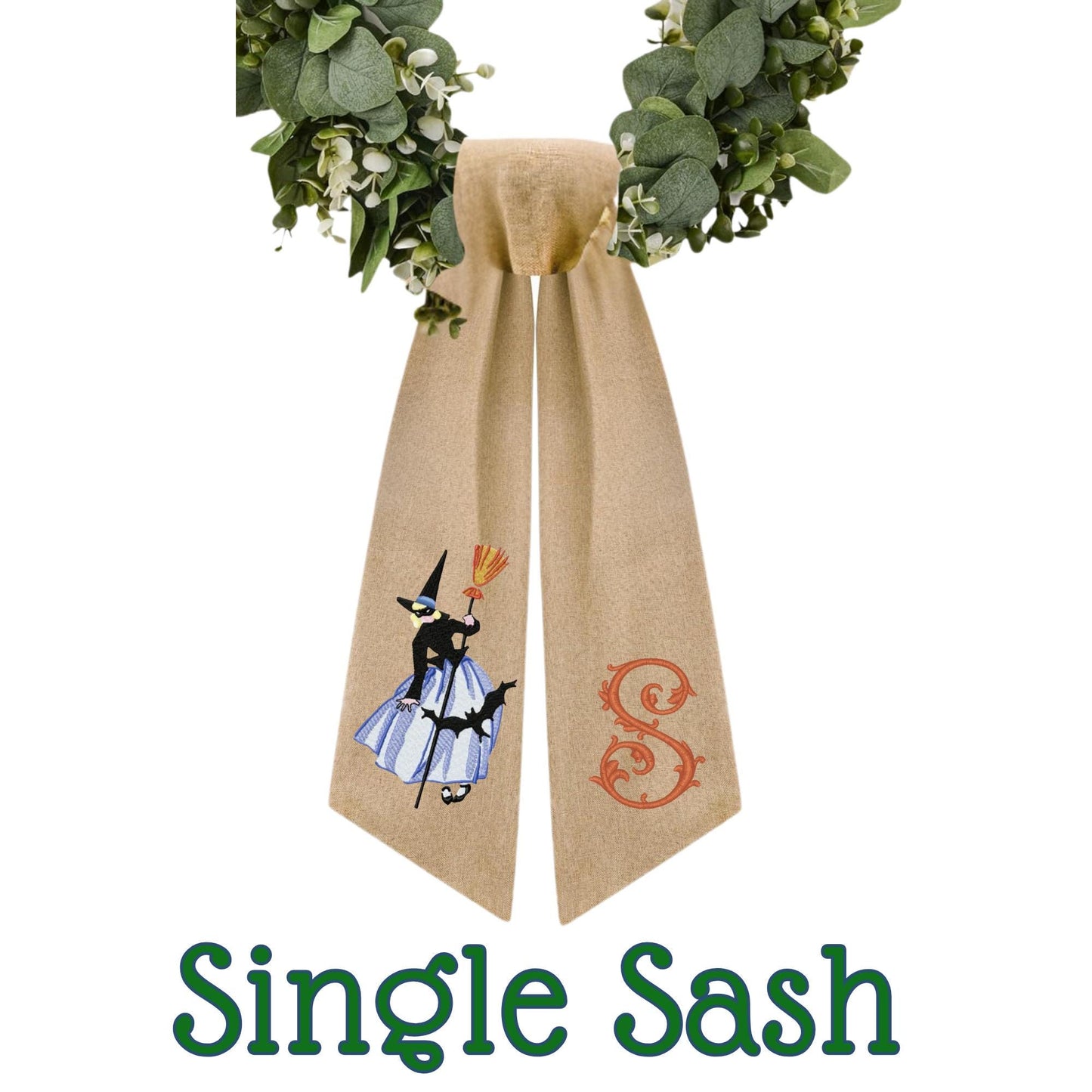 Embroidered Witch Halloween Wreath Sash: Fall Door Hanger