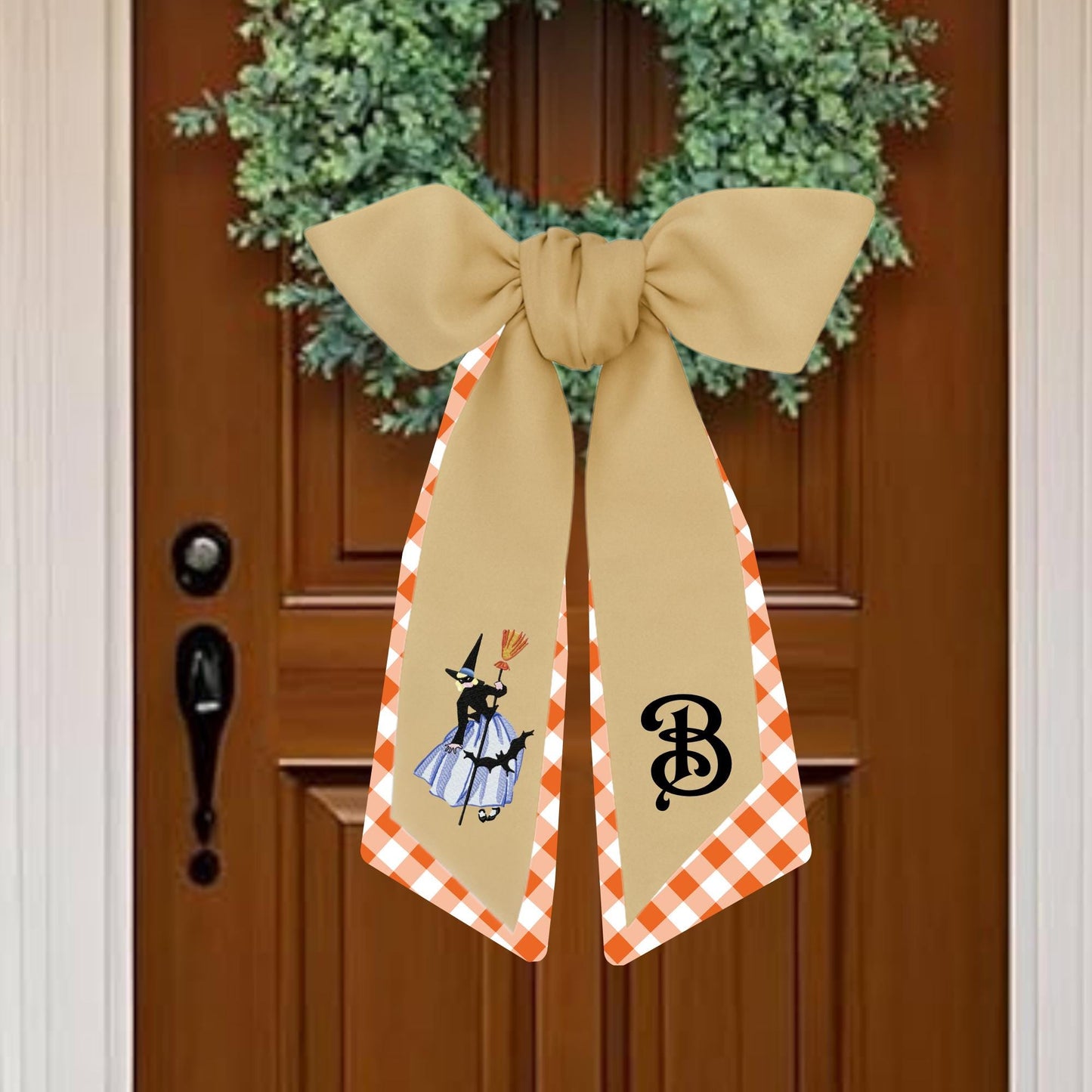 Embroidered Witch Halloween Wreath Sash: Fall Door Hanger