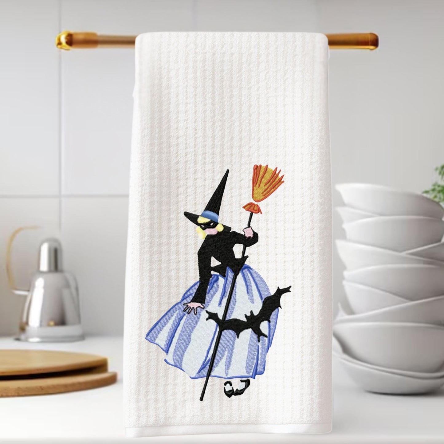 Embroidered Adorable Witch Tea Towel Personalized Kitchen Decor, Halloween Accent Decor