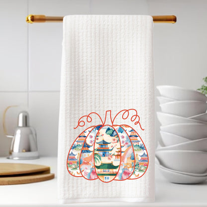 Personalized Fall Chinoiserie Pagoda Tea Towel Set: Preppy Eastern Pumpkin Kitchen Decor