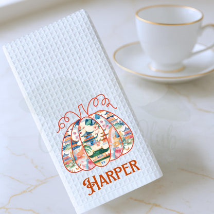 Personalized Fall Chinoiserie Pagoda Tea Towel Set: Preppy Eastern Pumpkin Kitchen Decor