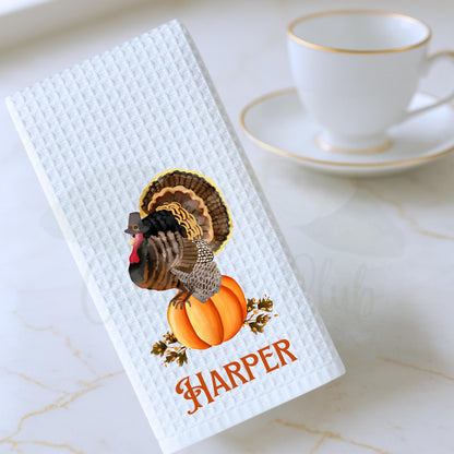 Fall Thanksgiving Turkey & Pumpkin Holiday Tea Towel -  Personalized Kitchen Decor