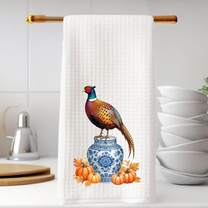 Fall Pheasant & Pumpkin Holiday Tea Towel -  Personalized Kitchen Decor