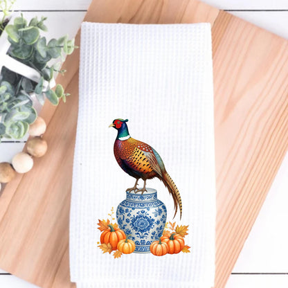 Fall Pheasant & Pumpkin Holiday Tea Towel -  Personalized Kitchen Decor