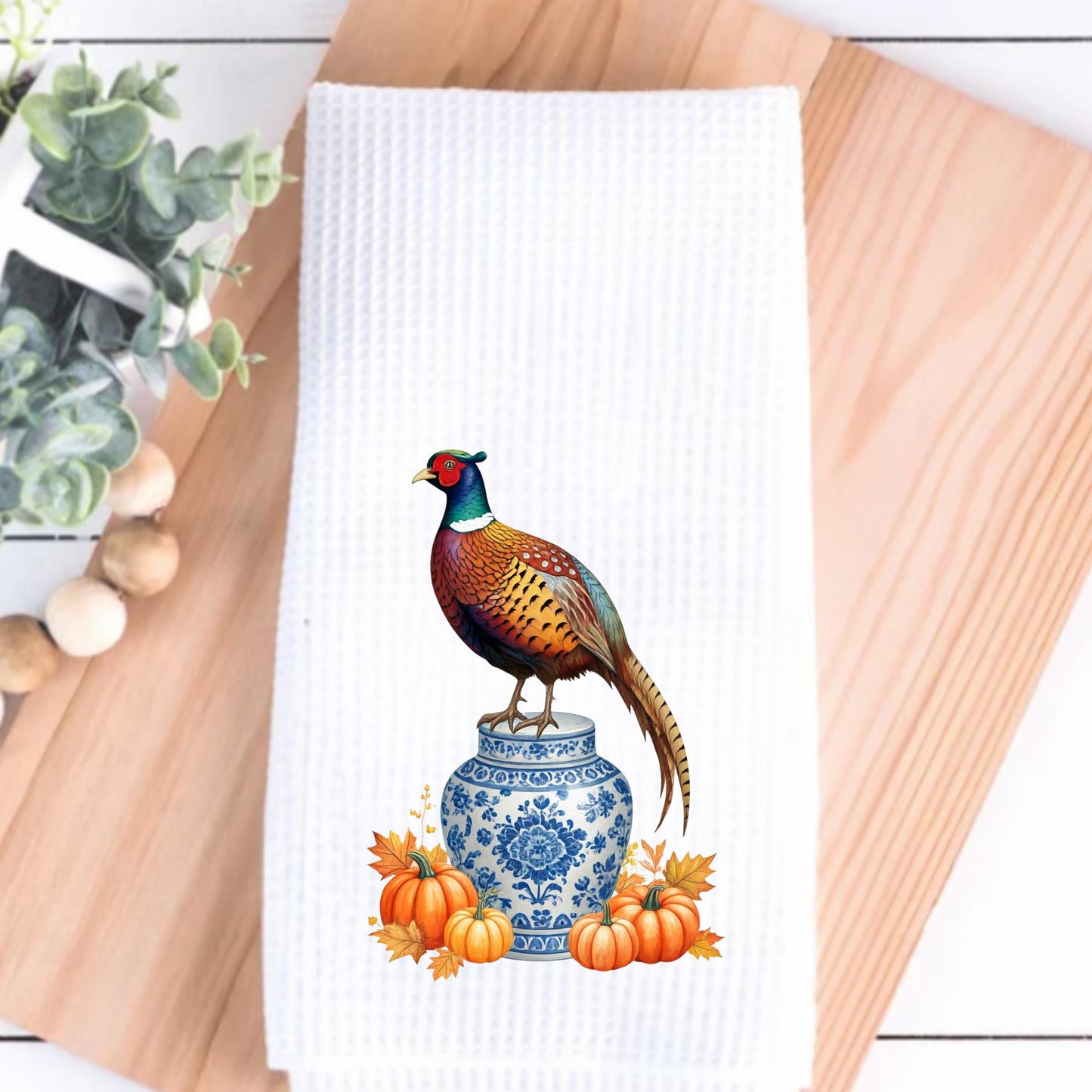 Fall Pheasant & Pumpkin Holiday Tea Towel -  Personalized Kitchen Decor