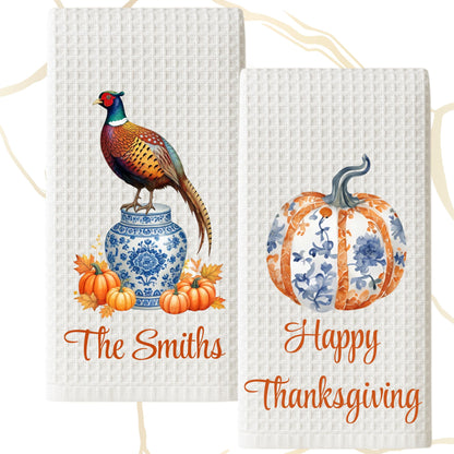 Fall Pheasant & Pumpkin Holiday Tea Towel -  Personalized Kitchen Decor