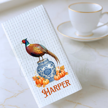 Fall Pheasant & Pumpkin Holiday Tea Towel -  Personalized Kitchen Decor