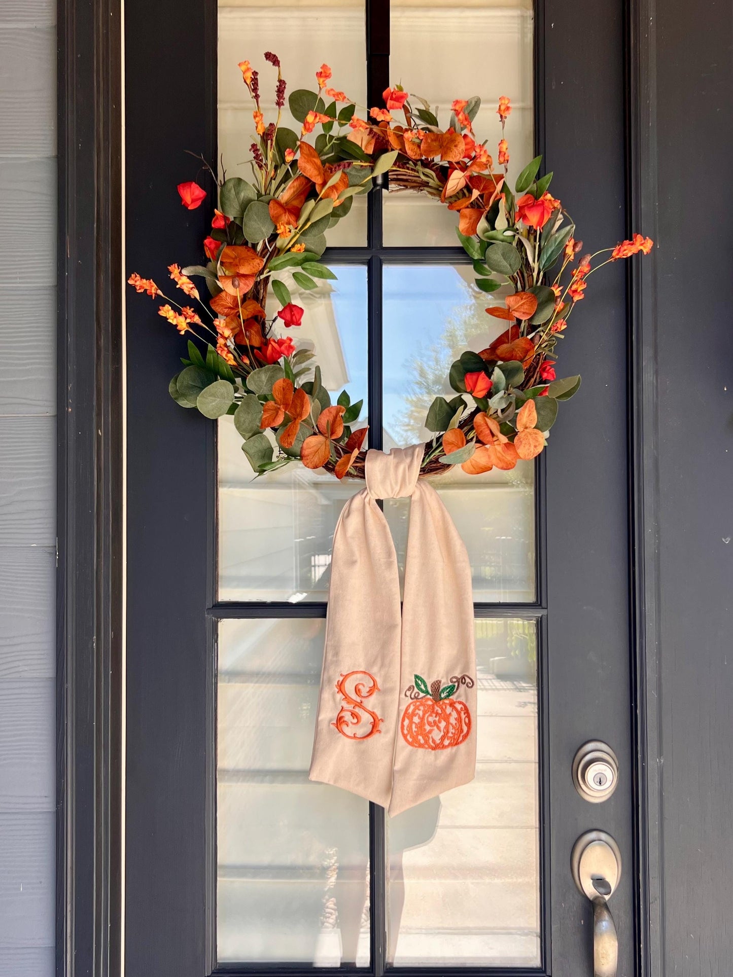 Embroidered Fall Thanksgiving Pumpkin Wreath Sash: Pumpkin Decor Front Porch Door Hanger