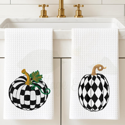 Personalized Emerald Green and White Checkered Pumpkin Tea Towel Set: Waffle Weave Fall Kitchen Decor