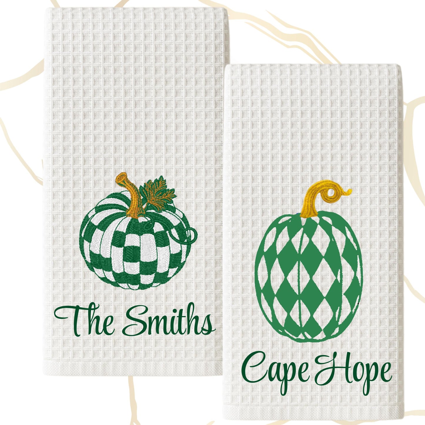 Checkered Royal Blue and White Pumpkin Tea Towel Set: Waffle-Weave Fall Kitchen Decor