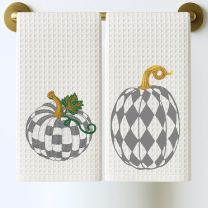 Checkered Black and White Pumpkin Waffle Tea Towel Set: Halloween Kitchen Decor