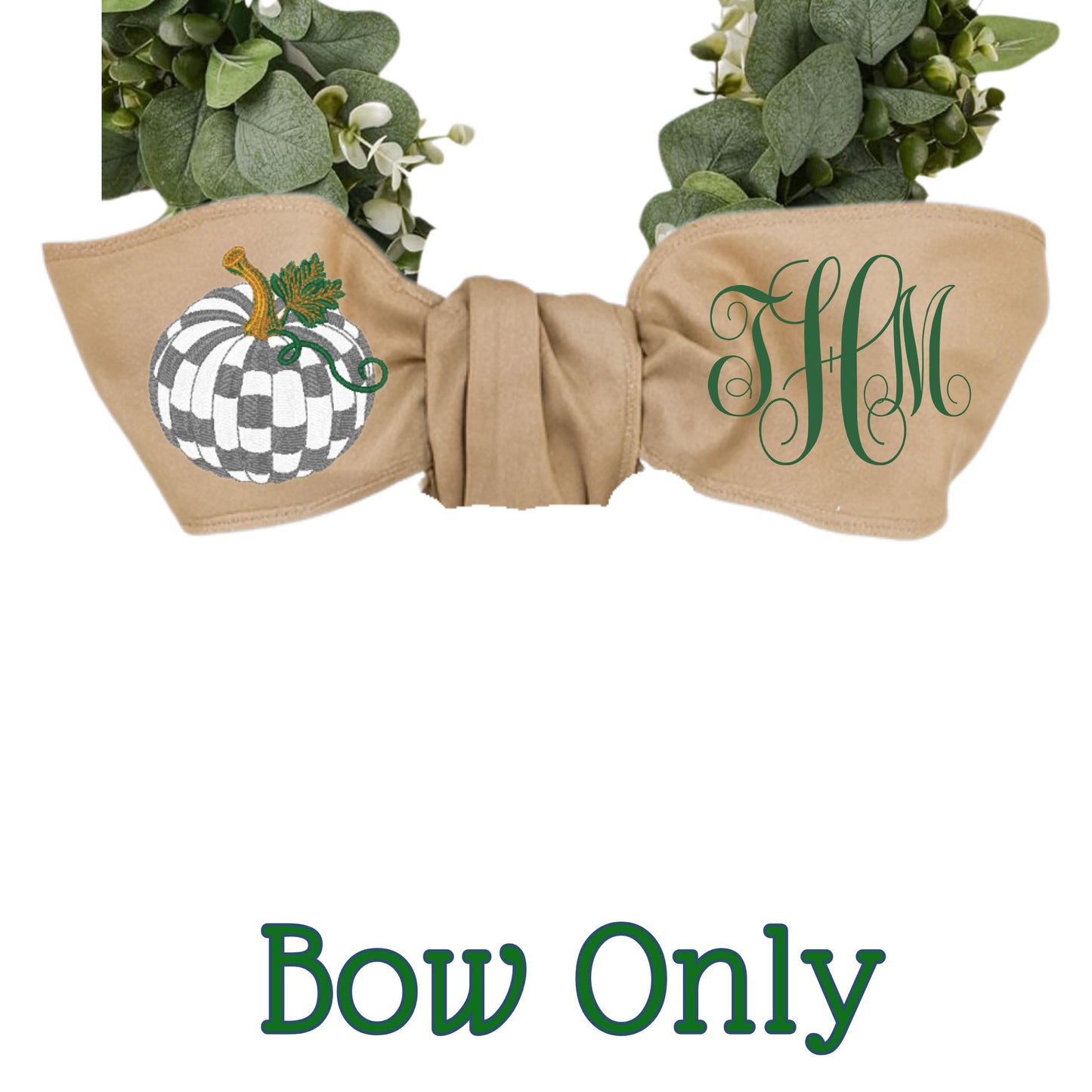 Embroidered Sterling Gray Check Pumpkin Wreath Sash: Fall Door Hanger