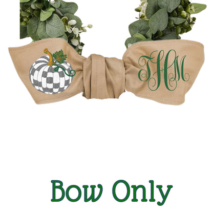 Embroidered Sterling Gray Check Pumpkin Wreath Sash: Fall Door Hanger