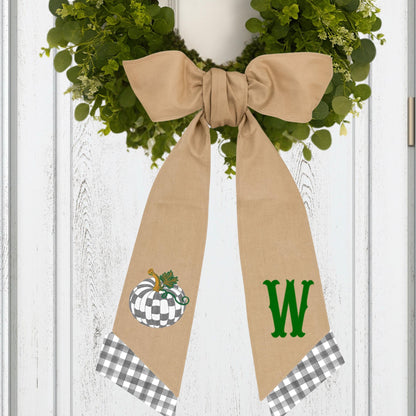 Embroidered Sterling Gray Check Pumpkin Wreath Sash: Fall Door Hanger