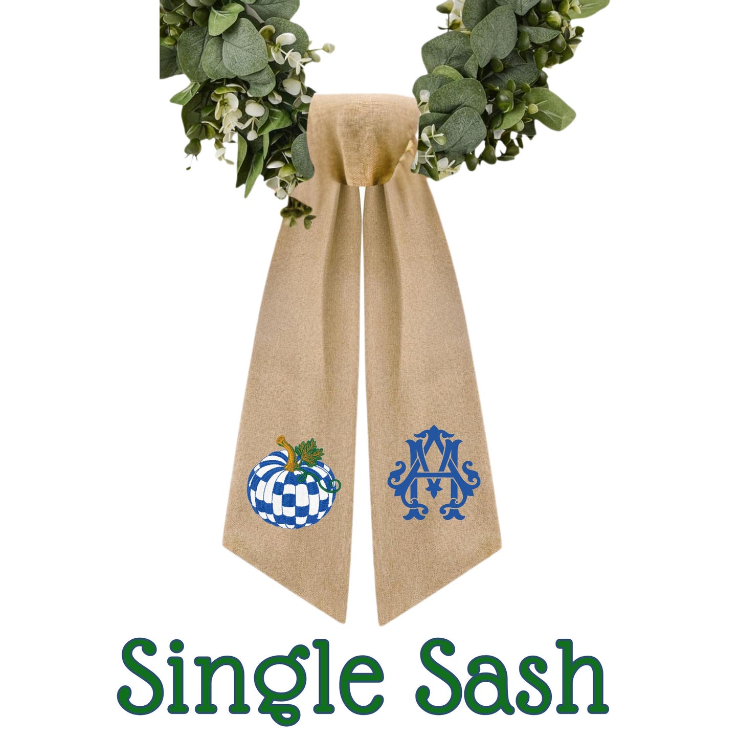 Embroidered Pumpkin Wreath Sash: Royal blue and White Check Monogrammed Door Hanger