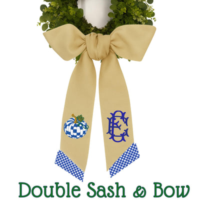 Embroidered Pumpkin Wreath Sash: Royal blue and White Check Monogrammed Door Hanger