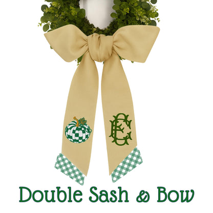 Embroidered Pumpkin Wreath Sash: Emerald Green and White Check, Monogrammed Door Hanger
