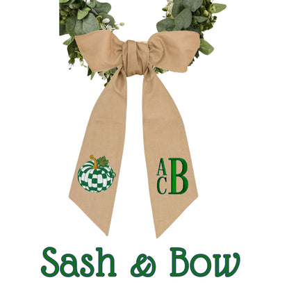 Embroidered Pumpkin Wreath Sash: Emerald Green and White Check, Monogrammed Door Hanger