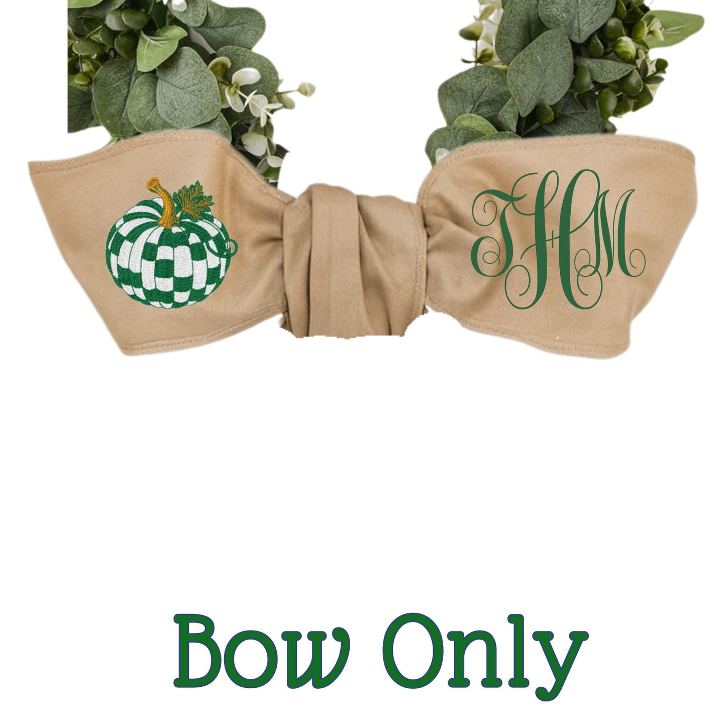 Embroidered Pumpkin Wreath Sash: Emerald Green and White Check, Monogrammed Door Hanger
