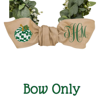 Embroidered Pumpkin Wreath Sash: Emerald Green and White Check, Monogrammed Door Hanger
