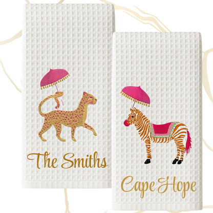 Palm Beach Animal Party Tea Towels: Preppy Monogram Waffle Weave - Lotus Theme Piper No!