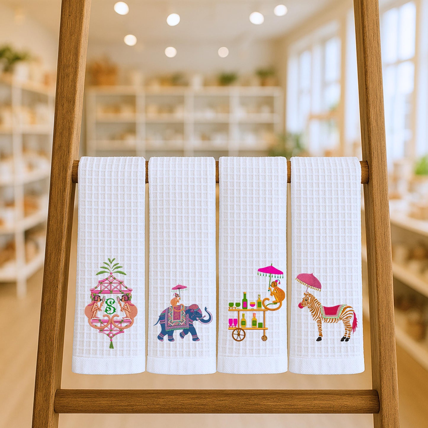 Palm Beach Animal Party Tea Towels: Preppy Monogram Waffle Weave - Lotus Theme Piper No!