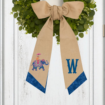 Embroidered  Eastern Themed Elephant and Monkey Wreath Sash: Personalized Door Hanger