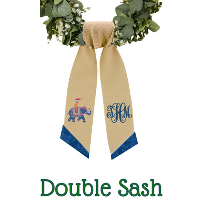 Embroidered  Eastern Themed Elephant and Monkey Wreath Sash: Personalized Door Hanger