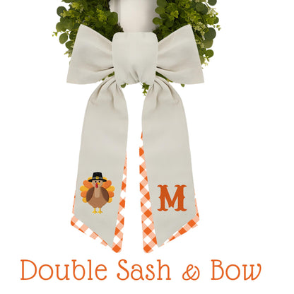 Embroidered Thanksgiving Farmhouse Wreath Sash: Fall Turkey Holiday Door Hanger