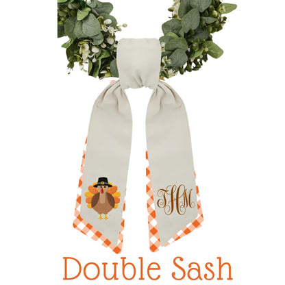 Embroidered Thanksgiving Farmhouse Wreath Sash: Fall Turkey Holiday Door Hanger