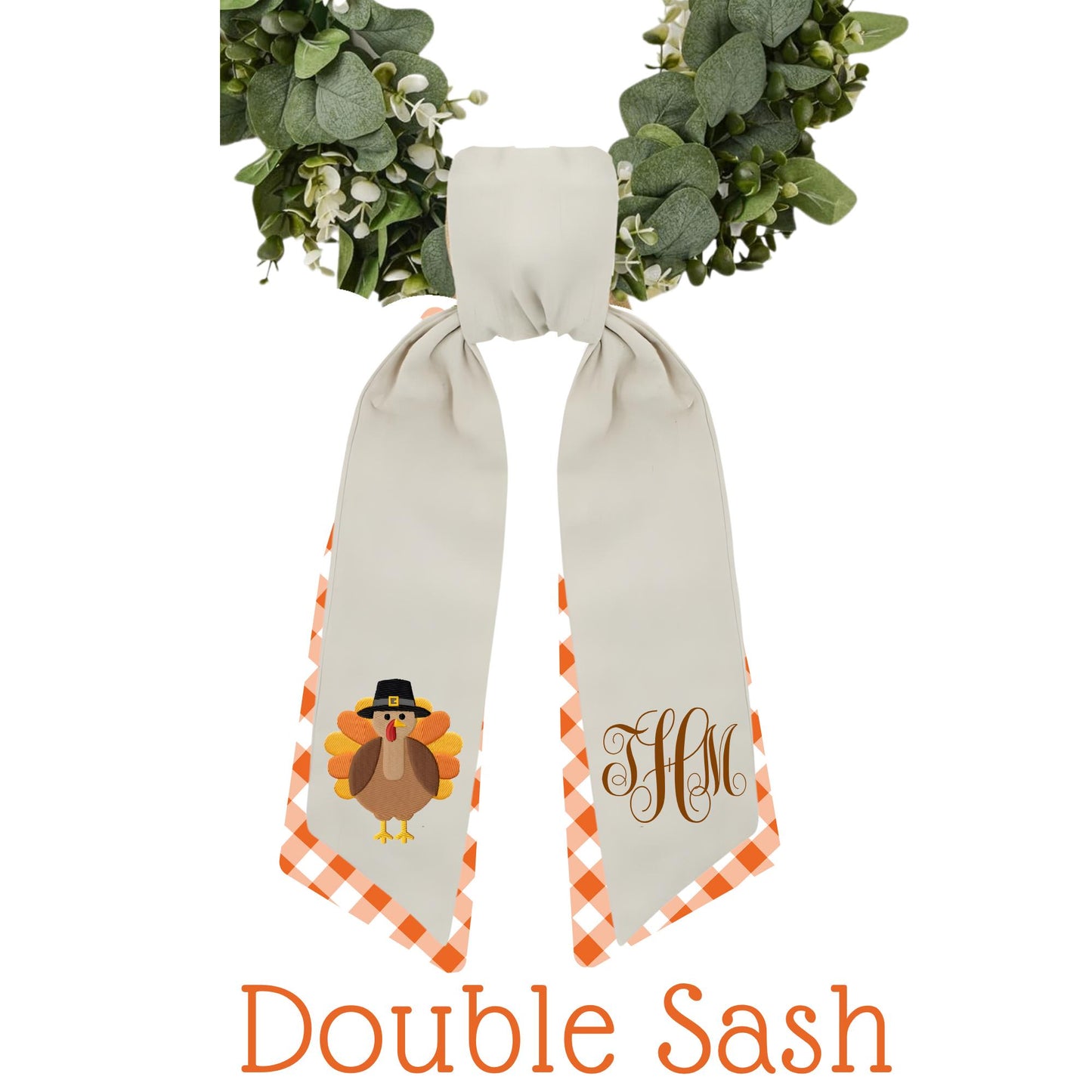 Embroidered Thanksgiving Farmhouse Wreath Sash: Fall Turkey Holiday Door Hanger