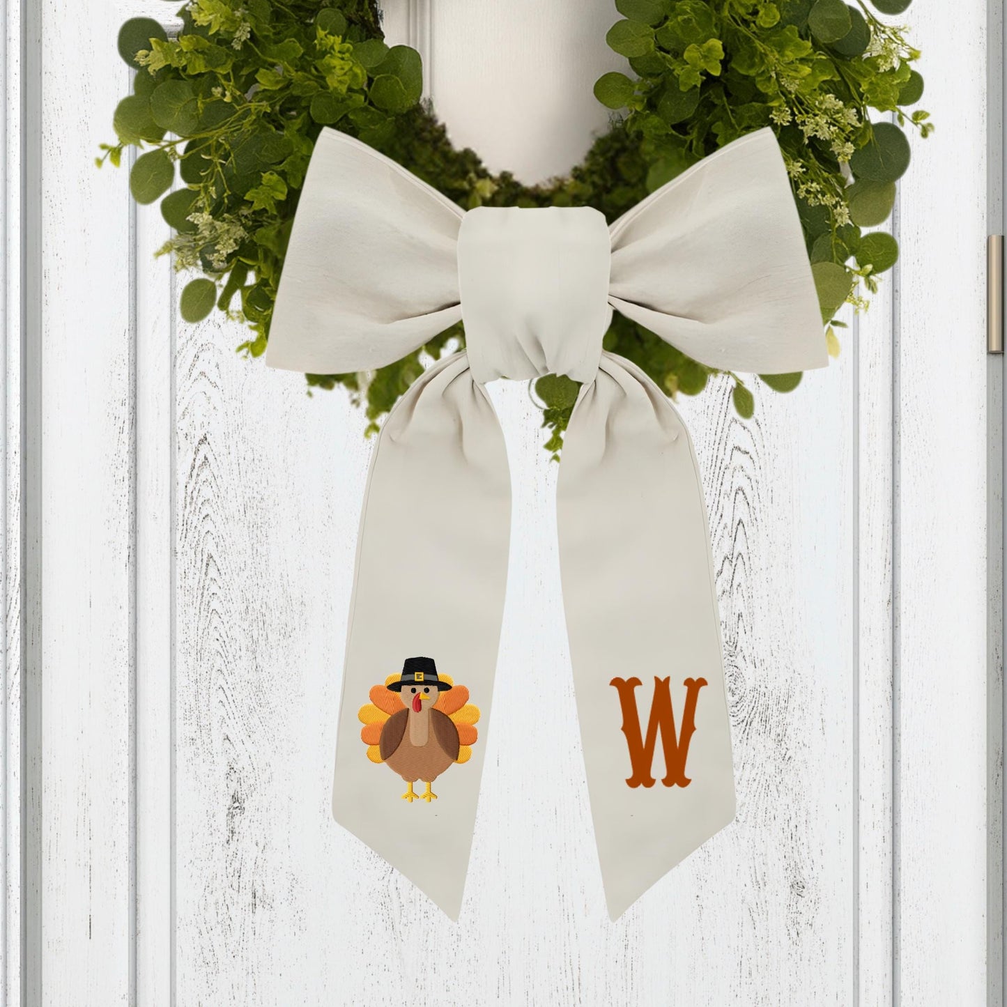 Embroidered Thanksgiving Farmhouse Wreath Sash: Fall Turkey Holiday Door Hanger
