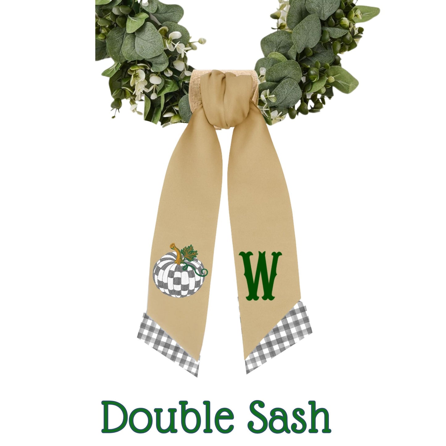 Embroidered Sterling Check Fall Wreath Sash - Gray and White Check Porch Decor - Monogrammed Personalized Decor For Porch and Door