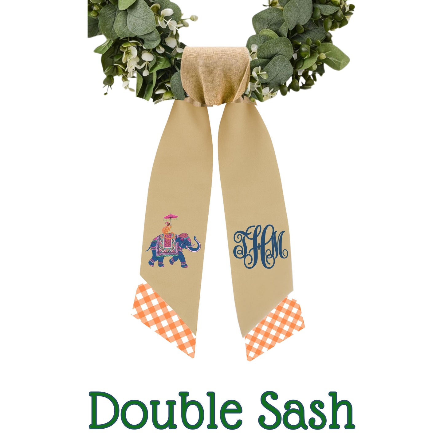 Embroidered  Eastern Themed Elephant and Monkey Wreath Sash: Personalized Door Hanger